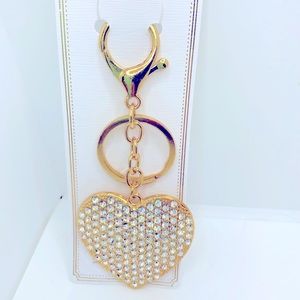 Purse Charm Keychain Crystal Hearts Iridescent in Golden tone.